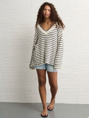 American Eagle Striped Oversized Sweater XXS Fits S/M Cozy Knit Coastal Fall